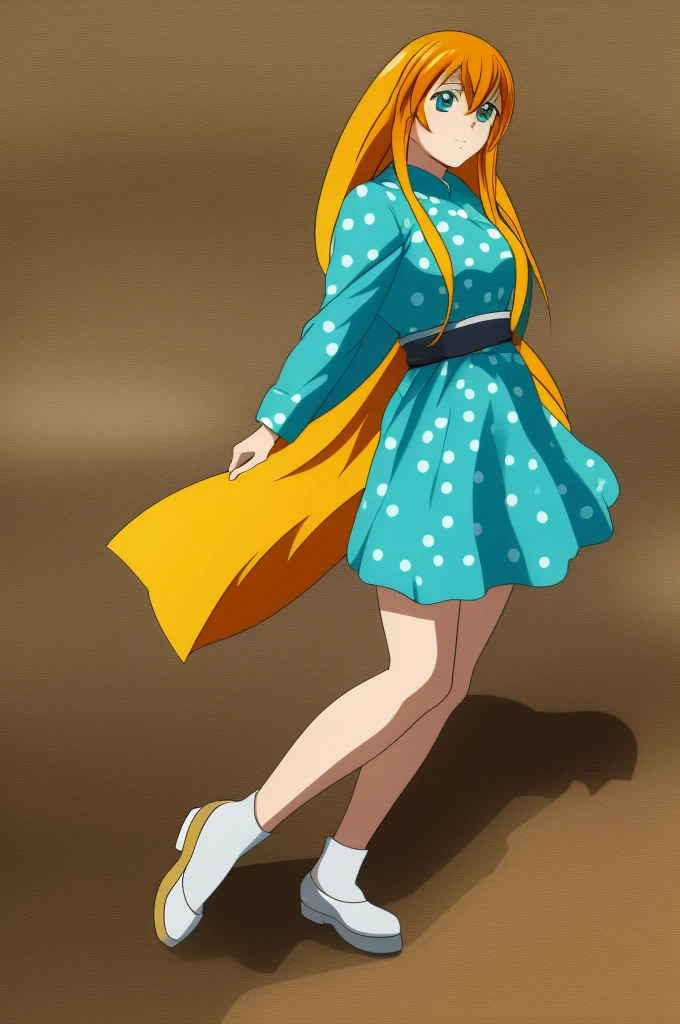 Hakufu Sonsaku, 1girl, long hair, solo, orange hair, , full body, looking at viewer, yellow polka dot dress, aqua eyes,full body, looking at viewer,