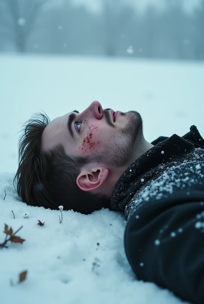 Character Death, Shot in the Snow, Dying Slowly, Blood Dripping from the Lips, 25 year old man, Face full of scars, Lifeless Blue Eyes, sad look, snow falling slowly, Frozen Solid,  