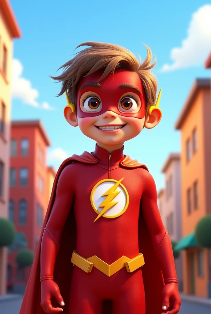 de 4 ans portant le costume de Flash. Cheveux châtain clair, yeux marrons. . Qualité Pixar 3D Disney