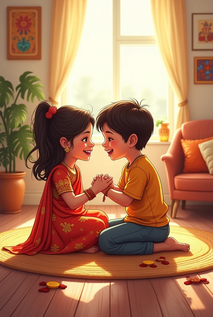two siblings siting together on floor while tie ing rakhi sketch