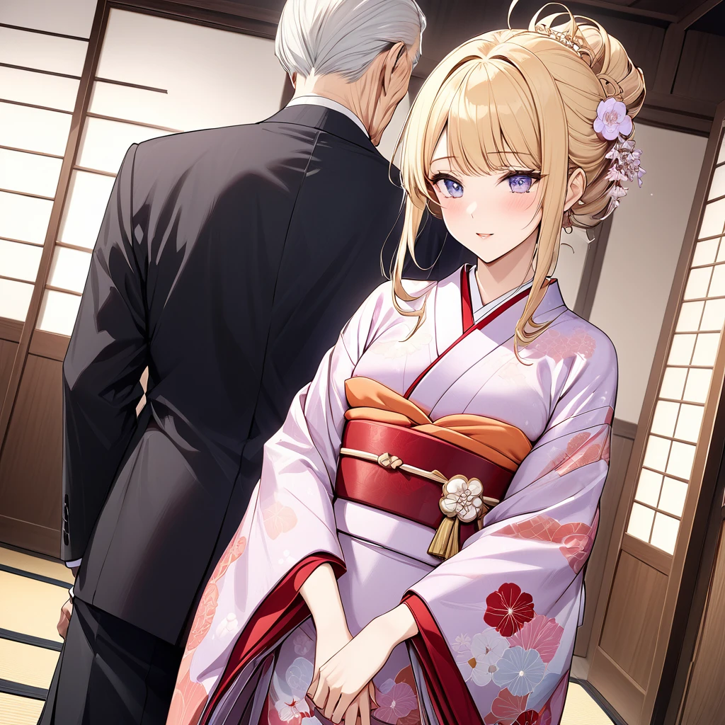 ((Highest quality)), ((masterpiece)), (detailed), (Perfect Face)、The woman is dressed in a luxurious and glamorous kimono, a formal outfit, with blonde shoulder-length hair styled in a traditional Japanese way. She is wearing an engagement ring in Bertille.、A woman is wearing a formal kimono in a Japanese-style room, snuggling up to an elderly man.、The woman is dressed in a traditional Japanese kimono and stands by her elderly husband as a wife.、The old man is wearing an engagement ring