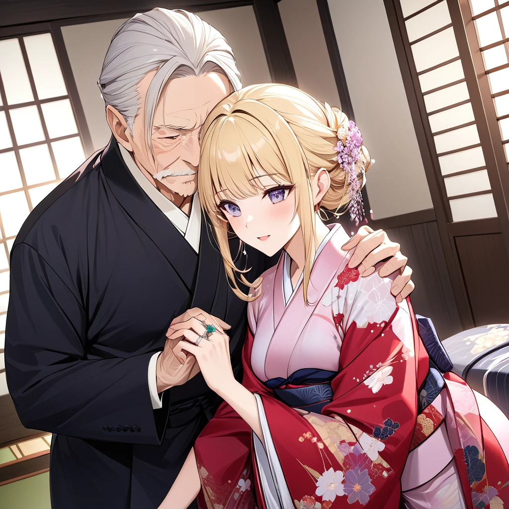 ((Highest quality)), ((masterpiece)), (detailed), (Perfect Face)、The woman is dressed in a luxurious and glamorous kimono, a formal outfit, with blonde shoulder-length hair styled in a traditional Japanese way. She is wearing an engagement ring in Bertille.、A woman is wearing a formal kimono in a Japanese-style room, snuggling up to an elderly man.、The woman is dressed in a traditional Japanese kimono and stands by her elderly husband as a wife.、The old man is wearing an engagement ring
