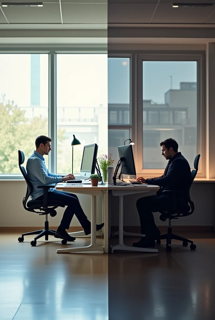 genera una imagen donde se refleje la buena ergonomía todo ordenado buena postura e iluminación en una oficina de administración de una universidad y una mala ergonomía👌 ósea mas desordenado  pero que se vea una diferencia entre si es buena y mala al mismo tiempo 