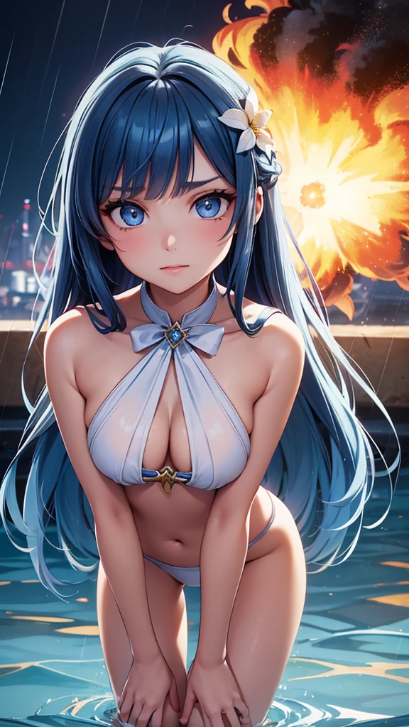 masterpiece, exquisite, {beautiful and meticulous girl}, beautiful and detailed halo, (fire of war: 1.2), (fire explosion behind: 1.3), rain, detailed lighting, detail water, (beautiful and detailed eyes: 1.1), glitter_force, palace, sky blue hair, scattered hair, long bangs, eyebrows, (Open Stitch Ring Linked Halter Neck Backless Swimsuit: 1.1), black ribbon, white bow tie, upper abdomen, big forehead, flower, leaning forward, hands on knees