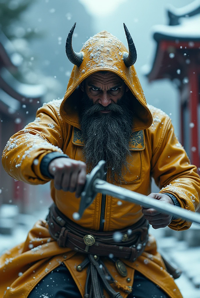Dynamic combat pose bearded devil oni warrior golden intricate details insanely leather raincoat hooded, armored with a sword in his hand, , close-up portrait, 3D effect ultra-detailed intricate insanely full HD, golden ratio, volumetric modeling, surrounded by temple garden, spotlight embroidery, accents, intense gaze, digital painting cinematic film light, expressive eyes, ultra-realistic, ultra detailed, photorealistic, , , low-angle shot,broken red bricks wall behind with intricate details of the diorama , dramatic angle, extreme angle shot, wide-angle shot, close-up shotTired and cold expression in his face and eyes but inner grin Bearded mountain man snow covered ground, surrounded by frozen peaks, hyperrealist artwork by Iván Pili, photorealistic digital painting, accents, Green wool hat, , lens flare, at the top, , panoramic shot, His eyes have the spark of life, storm of snow at night, beard grey, , adventure, western, wild west, horror, let it snow,