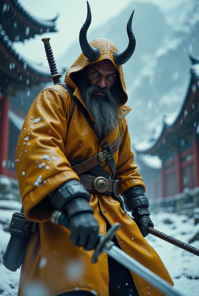 Dynamic combat pose bearded devil oni warrior golden intricate details insanely leather raincoat hooded, armored with a sword in his hand, , close-up portrait, 3D effect ultra-detailed intricate insanely full HD, golden ratio, volumetric modeling, surrounded by temple garden, spotlight embroidery, accents, intense gaze, digital painting cinematic film light, expressive eyes, ultra-realistic, ultra detailed, photorealistic, , , low-angle shot,broken red bricks wall behind with intricate details of the diorama , dramatic angle, extreme angle shot, wide-angle shot, close-up shotTired and cold expression in his face and eyes but inner grin Bearded mountain man snow covered ground, surrounded by frozen peaks, hyperrealist artwork by Iván Pili, photorealistic digital painting, accents, Green wool hat, , lens flare, at the top, , panoramic shot, His eyes have the spark of life, storm of snow at night, beard grey, , adventure, western, wild west, horror, let it snow,