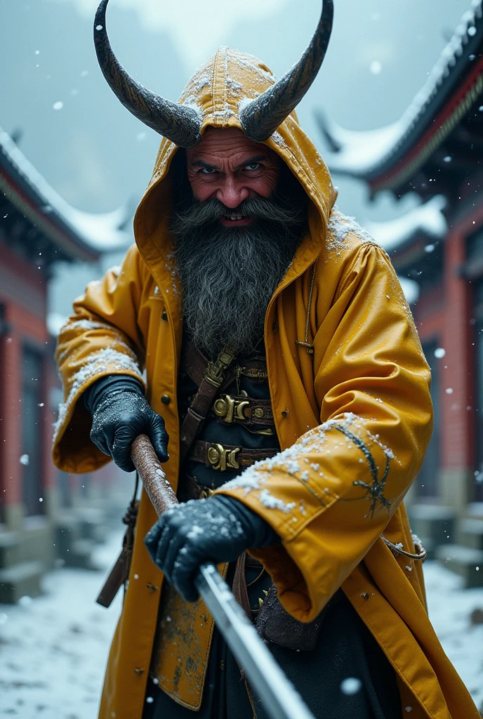Dynamic combat pose bearded devil oni warrior golden intricate details insanely leather raincoat hooded, armored with a sword in his hand, , close-up portrait, 3D effect ultra-detailed intricate insanely full HD, golden ratio, volumetric modeling, surrounded by temple garden, spotlight embroidery, accents, intense gaze, digital painting cinematic film light, expressive eyes, ultra-realistic, ultra detailed, photorealistic, , , low-angle shot,broken red bricks wall behind with intricate details of the diorama , dramatic angle, extreme angle shot, wide-angle shot, close-up shotTired and cold expression in his face and eyes but inner grin Bearded mountain man snow covered ground, surrounded by frozen peaks, hyperrealist artwork by Iván Pili, photorealistic digital painting, accents, Green wool hat, , lens flare, at the top, , panoramic shot, His eyes have the spark of life, storm of snow at night, beard grey, , adventure, western, wild west, horror, let it snow,