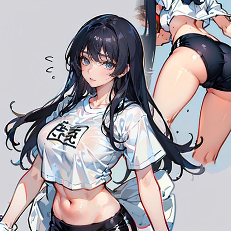 Anime Kawaii sexy Perfect Slim sensual body large breast and huge thighs, An intricate and highly detailed illustration of anime (Young girl). standing alone、high school girl、Caucasian skin、Make-up natural、Bblack hair、bangss、long straight hair、(((White short sleeve upper body t-shirt)))、(((Long, white workout clothes)))、(((Very tight bloomers)))、(((Marine Blooms)))、(((Tuck the bottom of your gym clothes into your shorts)))、breasts big、((big-ass))、(((School's yard)))、(((realistic fingers)))、(((realistic styling)))、((perfect figure))、(((vertical)))、(((rear view)))、(((Future Perspective)))