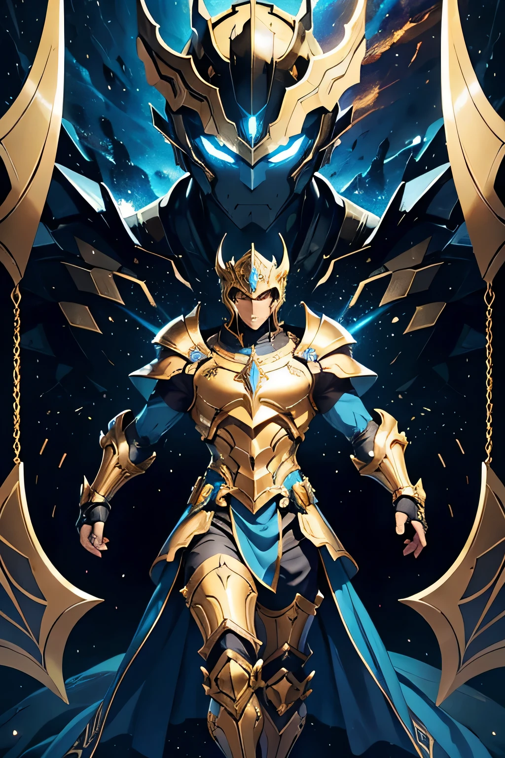 The image features three golden figures of a man in highly detailed armor, inspired by the Knights of the Zodiac. The armor is shown from three different angles: front, side and back, capturing its complexity and robust design. Rendered in Unreal Engine style, the armor has a polished metallic finish in gold, with intricate details that balance power and elegance. The pauldrons are large, straight and angular, with a design that extends outwards and upwards, creating a precise and imposing appearance, standing out as one of the most striking elements of the design.
The helmet has an aerodynamic shape, with sharp lines and a central crest that extends upward, while the bright blue visor adds a touch of modern technology. The centerpiece of the chest is composed of segmented golden plates that overlap in a symmetrical pattern, providing protection and an air of grandeur. In the center of his chest, there is a jewel or crystal that emits a soft glow, adding a touch of mystical energy.
The arms are protected by articulated plates that allow for full mobility, while the gauntlets are robust and elegant, combining the sophistication of futuristic elements with the classic style of Zodiac armor. The legs are covered by segmented plates that protect the thighs, knees and shins, ending in angular and sturdy boots, that give the figure a powerful posture.
The background of the image features a dark cosmic landscape, with a rocky terrain illuminated by distant stars and nebulae. The golden armor shines brightly against this backdrop, highlighting its divine and powerful nature. The dynamic shadows and lights reflect on the polished surfaces of the armor, creating a dramatic and intense effect. The central jewel and the edges of the pauldrons emit a soft glow, reinforcing the figure's mystical and imposing aura