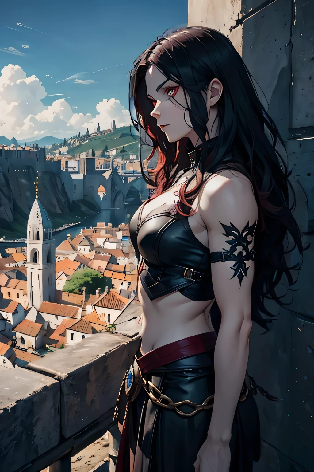 Pathfinder wraith of the righteous, female dhampir with pale skin tone and wavy hair and red eye color, looking over a medieval city with a pensive expression ,muscle, dark