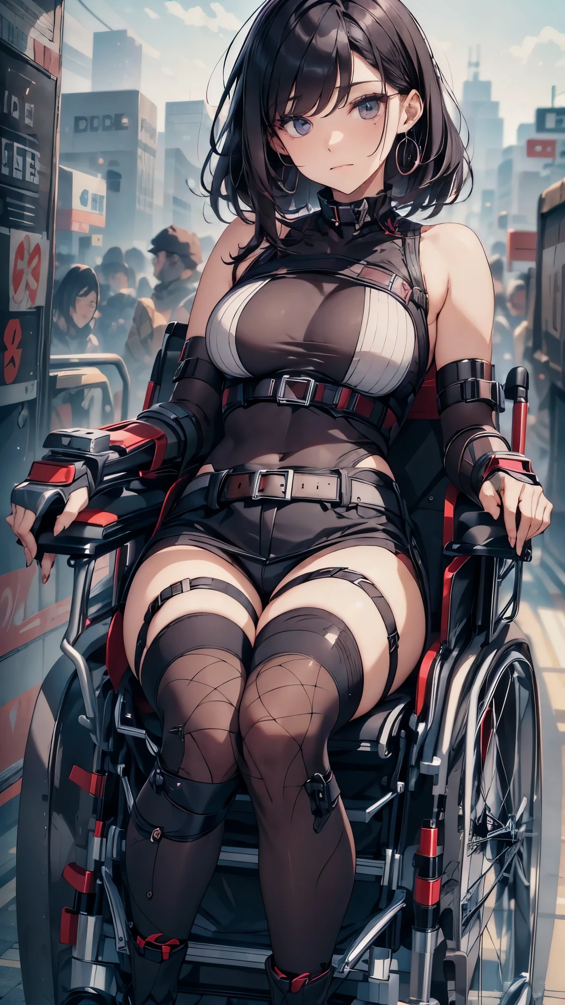 24 years old disabled woman in reclining electric wheelchair,glaring,hair above eyes,heavy make up,twintales hair,sliver hair,pink sweater with vertical lines,black pleated skirt,earrings,garter belt,fishnet pantyhose, lace up long boots,((plastic arm brace)),((plastic leg brace)),((knee pad)),((elbow pad)).