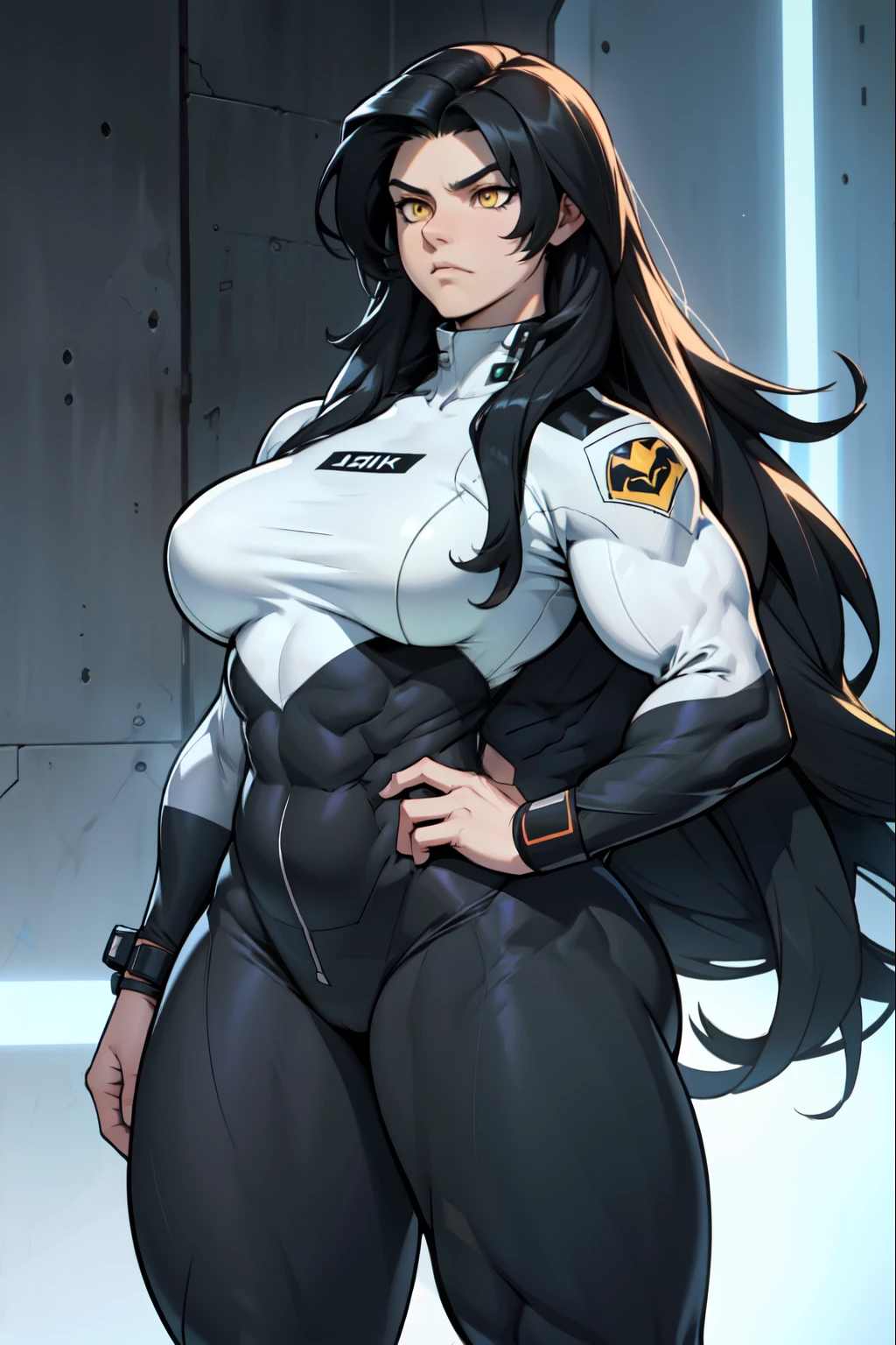 1 girl muscular pale skin muscular muscular muscular black hair yellow eyes muscular muscular long hair long hair long hair long hair long hair long hair long hair long hair long hair long hair long hair long hair muscular muscular long long long long long long long long long bodysuit pilot suit thick thick thick thick frown breasts curvy wide hips curvaceous voluptuous