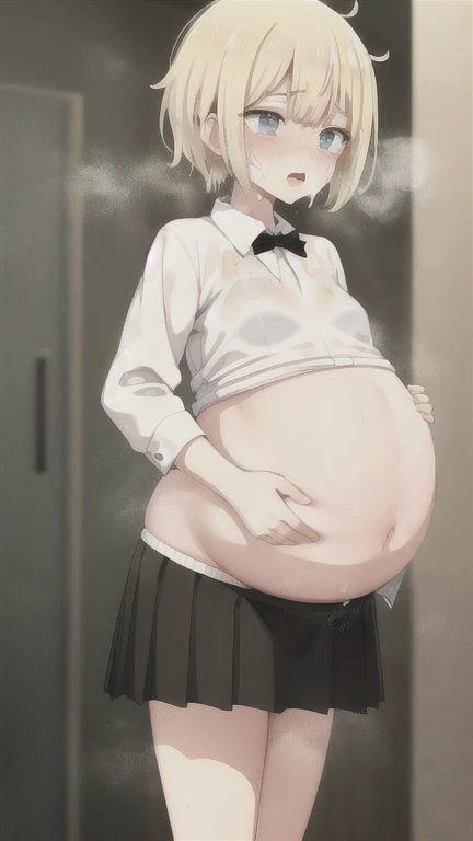 woman、Flat Chest、White shirt、Black Skirt、Protruding belly、Sweat、Hold your mouth、Short blonde, Delicate face、Ultra HD、masterpiece、clear