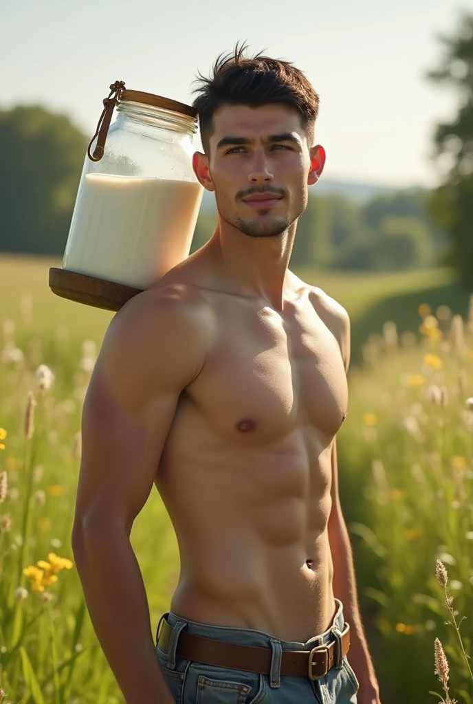 A handsome young man with a beautiful face, fair skin, soft skin, skinny, short black hair, shirtless, carrying milk on his shoulder.