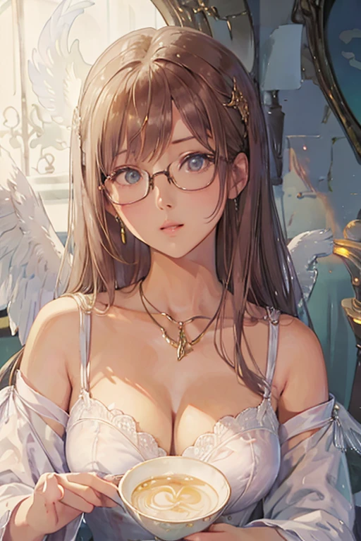 Highest quality、masterpiece、High sensitivity、High resolution、Detailed Description、Slender women、A cup bust、Glasses、Circle of angels overhead、Large wings of an angel、