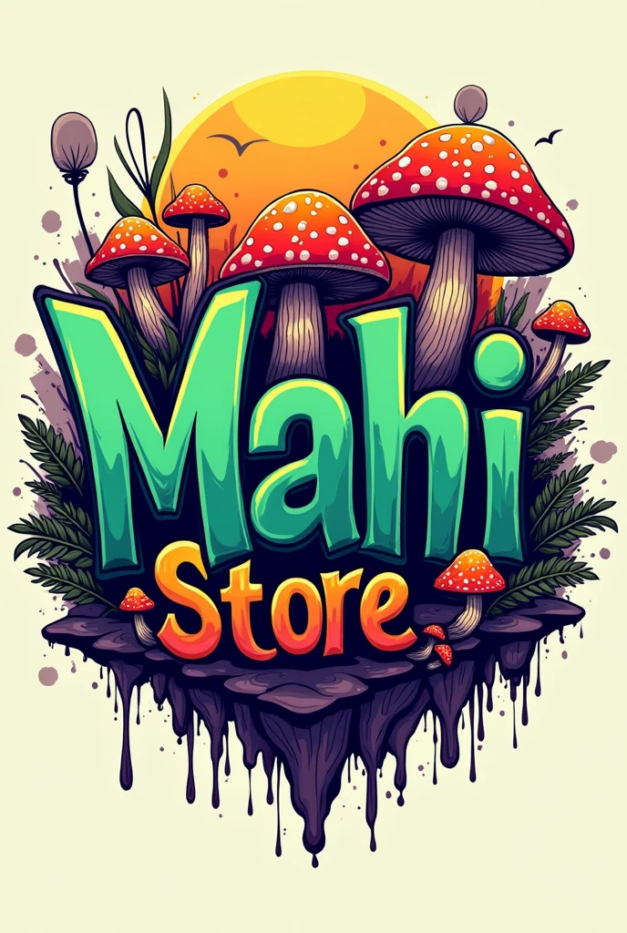 a logo for a streetwear brand
called mahi store that has graffiti
with more opaque tones more graffiti a lot without the city in the background, with a mushroom background