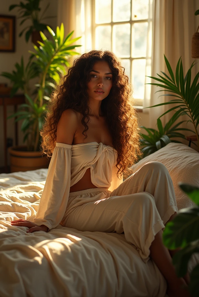 (photorealism:1.2), beautiful woman, sitting on bed, wearing loose off-shoulder top, pajama pants, long curly hair, indoors, soft lighting, plants in background, window with sunlight, cozy room, relaxed pose, realistic, intricate details, warm colors, by Greg Rutkowski, by Alphonse Mucha