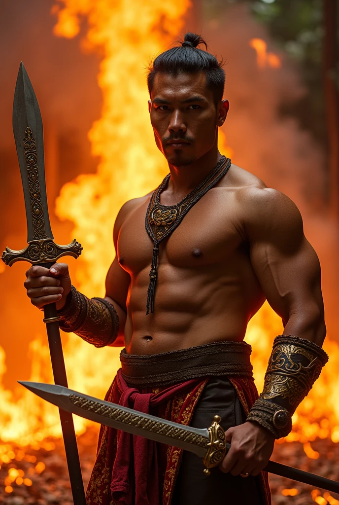A malay warrior holding keris and ready to strike. There are firey theme in background