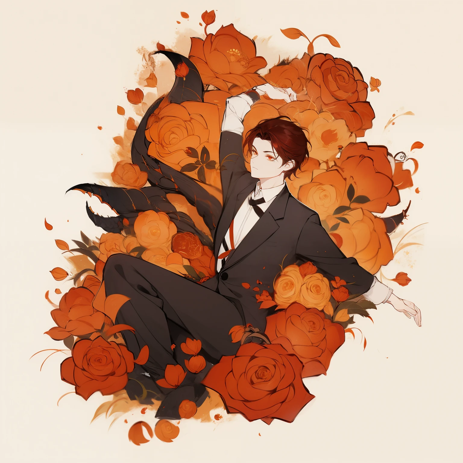 (Airip style:1.0), dark, fear, crawl, crawl-looking, , Lovecraftian, , , He has lifted, Black Hair, black jacket, Brown hair, demon, flower, high resolution, jacket, Orange Eyes, red flower, red Rose, Rose, shirt, short hair, white shirt