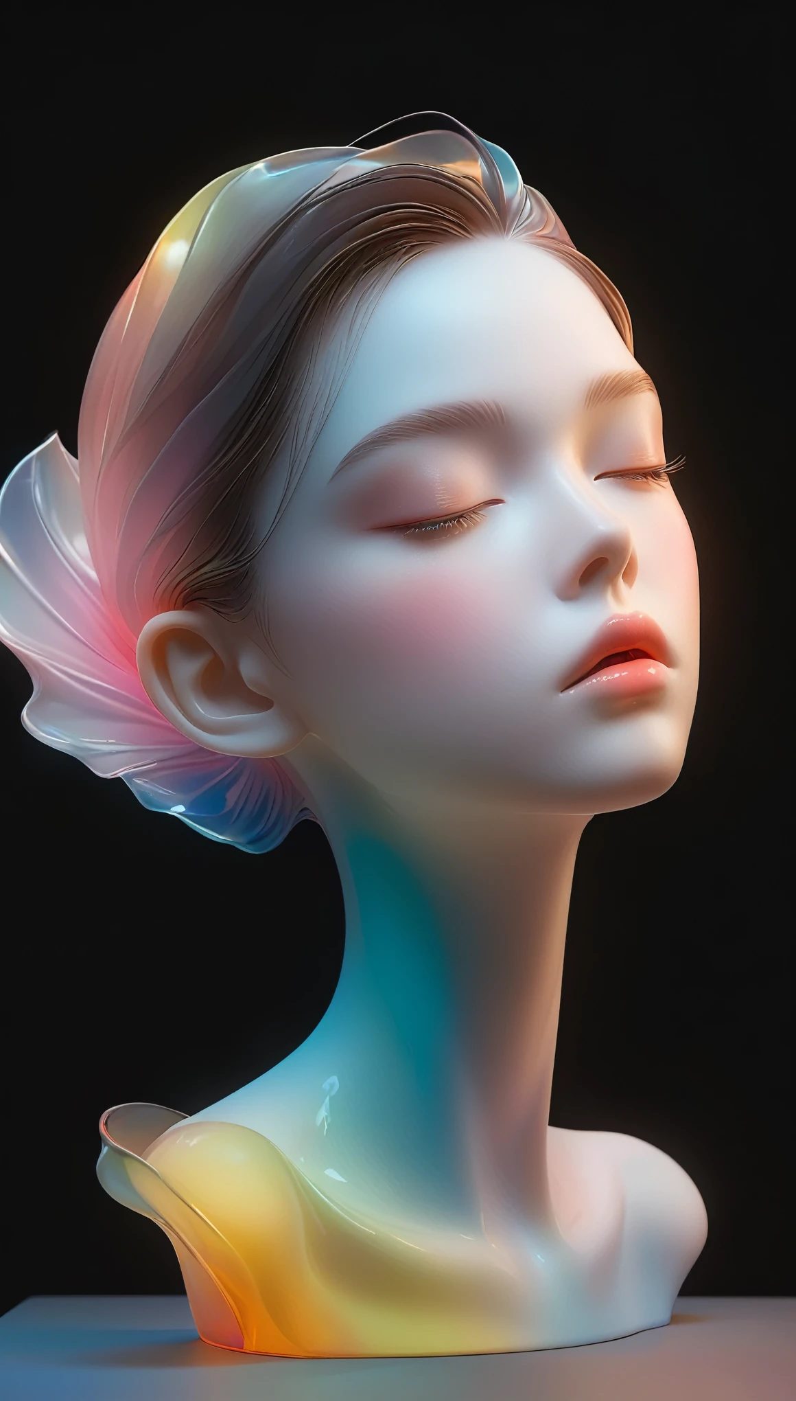 A 3D portrait sculpture is placed on a central stand..,simple,minimalism,Beautiful girl,Soft and elegant colors,Colored glass transparent,dark background,radiation