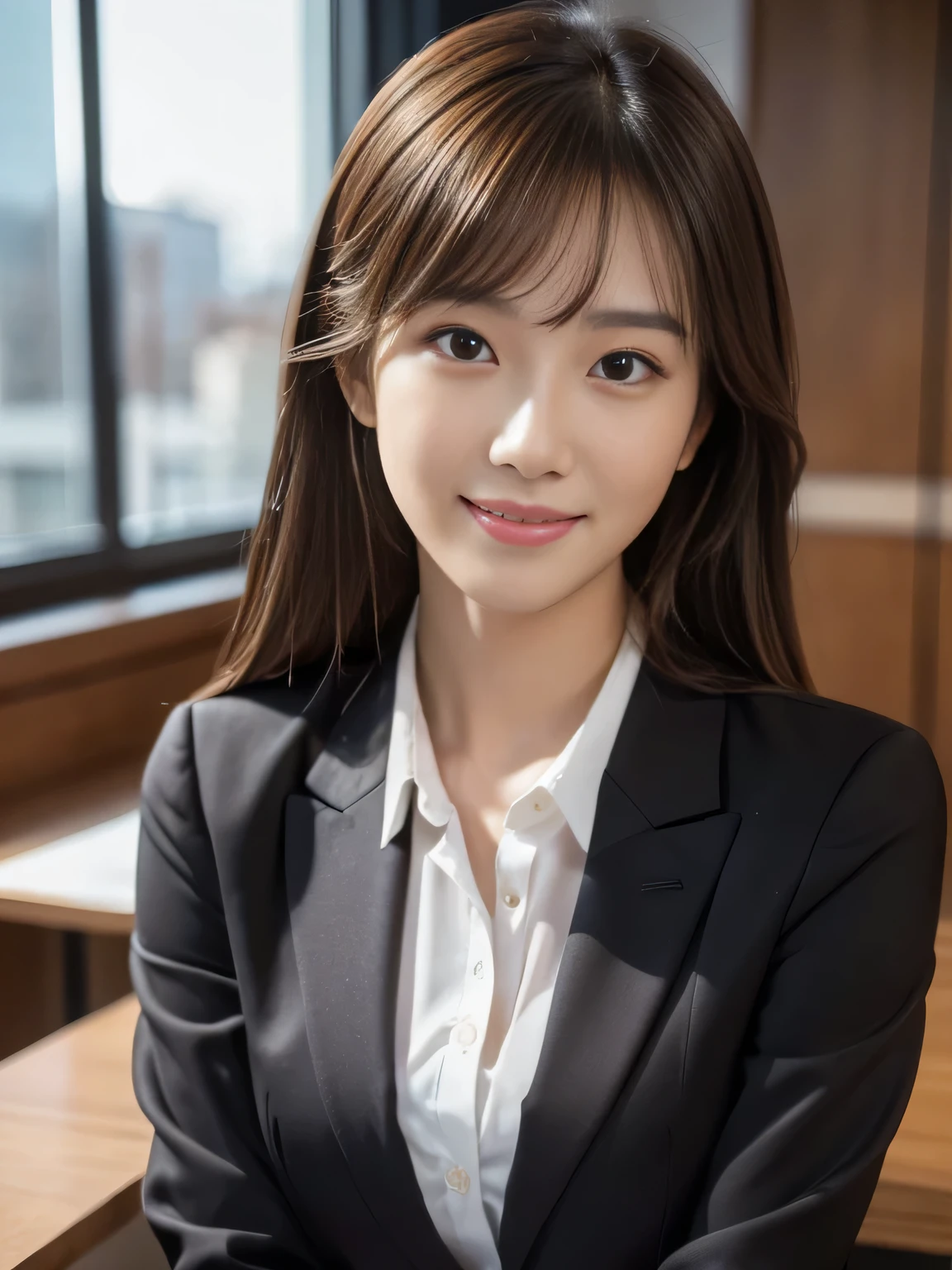 masterpiece, best quality, ultra-detailed, intricately detailed hyperdetailed, realistic, sharp features, highly detailed, sharp focus, Realistic, Photorealistic:1.3, (:1.5), perfect face, perfect symmetrically eyes, perfect full lips, hyper detailed, hyper realistic, high resolution, Fashion Model, Japanese Idol, Slender, brown hair, Stylish, model poses, Beautiful Face, light brown hair, messy hair, asymmetrical bangs, (seductive smile:1.2), (looking at viewer), cinematic lighting,  (office lady suit), Office, (Random Pose), Black jacket, (collared white shirt), Black tight skirt, Long sleeves, Suit, cleavage, Formal, Smile, Black pantyhose, a beauty girl ,8K, high resolution,Raw photo, (Best Quality:1.2), Realistic, Photorealsitic, Sharp Focus, 