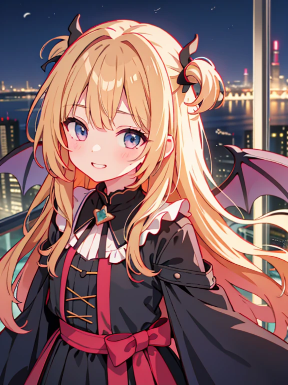 Highest quality、Ultra-high resolution、Highly detailed face、Eye highlights、A girl of about twelve, still with a touch of childishness、Long wavy blonde hair、Black Robe、Grin、The girl's back had bat wings.、Stand on the roof of a skyscraper、The cityscape is behind the girl.、Night view、Upper body close-up