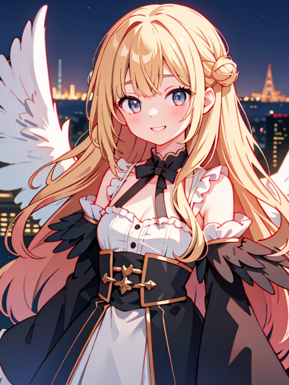 Highest quality、Ultra-high resolution、Highly detailed face、Eye highlights、A girl , still with a touch of childishness、Long wavy blonde hair、Black Robe、Grin、The girl's back had bat wings.、Stand on the roof of a skyscraper、The cityscape is behind the girl.、Night view、Upper body close-up