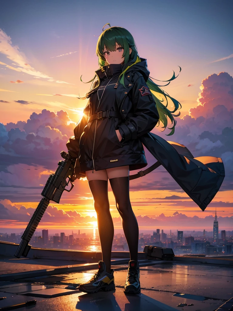 Empty City, A town above the clouds, Sky City,Black Eye,green hair, wearing a duffle coat, Falling from the sky, Watching the beautiful sunset, sundownに, sundown, As the sun sets, in the sunset, Nice views, Sunset view, With the sunset, sundownに, During Golden Hour, looking sundownに, Sunset in the background, Watching the sunset, Get noticed, Holding_gun, assault_rifle, Stylish Gunfighter Girl, スチームパンクの長gun身ピストルを持っている. Skillfully expressing the effects of light and shadow, Anime girls with guns and rifles, from Girl' Forefront, Mechanized Soldier Girl, ' Forefront style