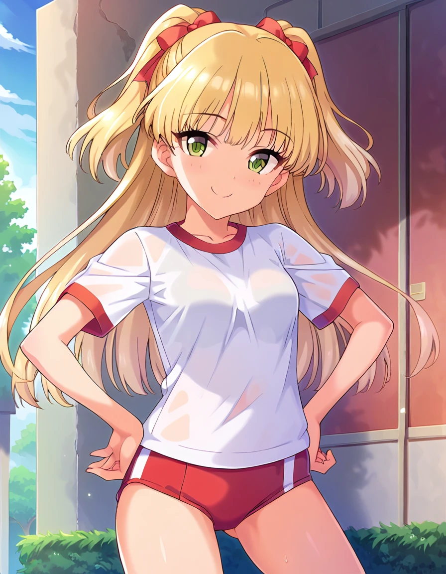 score_9, score_8_superior, score_7_superior, sauce_anime,
evaluation_Sensitive, Sexually suggestive,Browsing Caution，
One person, alone, A scornful smile ， sexy，Expose，Darkness，
Outdoor, Sunbeam,
 Long Hair, Blonde,   Hair Ribbon,Green Eyes, Small breasts, 
Gym suit, White gym shirt, Untucked shirt,  red buruma, socks, sneakers, Thighs，((Hands on hips，Showing off your crotch))下から見superiorげる,(Squat)
Detailed eyes, Eye Reflexes,