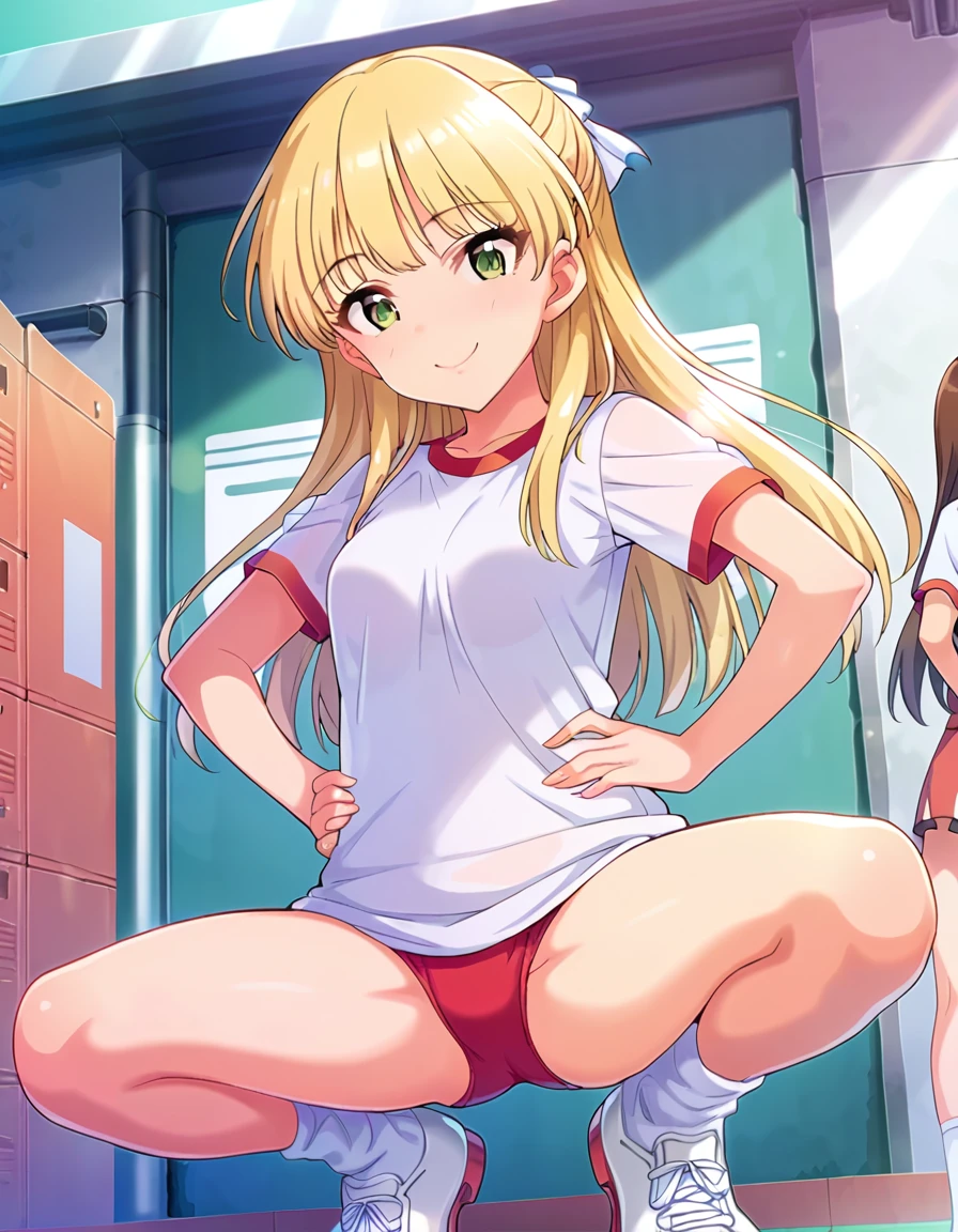 score_9, score_8_superior, score_7_superior, sauce_anime,
evaluation_Sensitive, Sexually suggestive,Browsing Caution，
One person, alone, A scornful smile ， sexy，Expose，Darkness，
Outdoor, Sunbeam,
 Long Hair, Blonde,   Hair Ribbon,Green Eyes, Small breasts, 
Gym suit, White gym shirt, Untucked shirt,  red buruma, socks, sneakers, Thighs，((Hands on hips，Showing off your crotch))下から見superiorげる,(Squat)
Detailed eyes, Eye Reflexes,