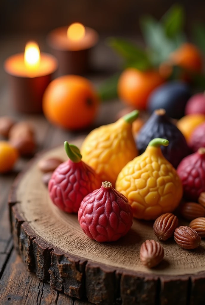 Realistic image of some marzipan, Medieval sweets on top of a table with dried fruit and nuts for decoration, *Marzipan* - A sweet paste made with ground almonds and sugar, shaped in various forms.