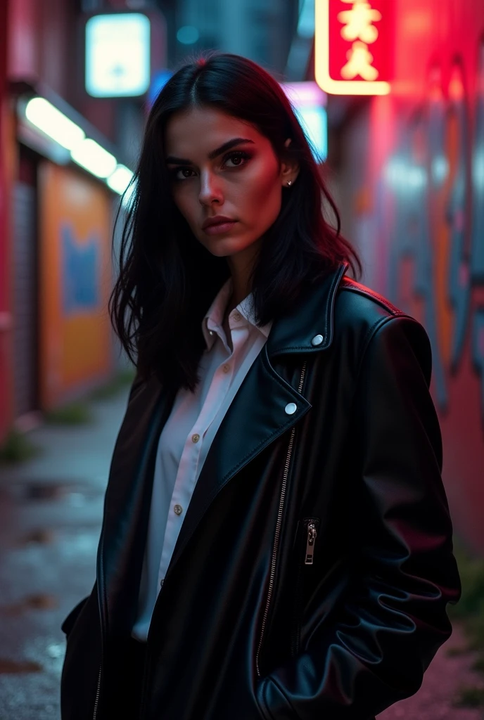 Black hari black jacket black eye white shirt