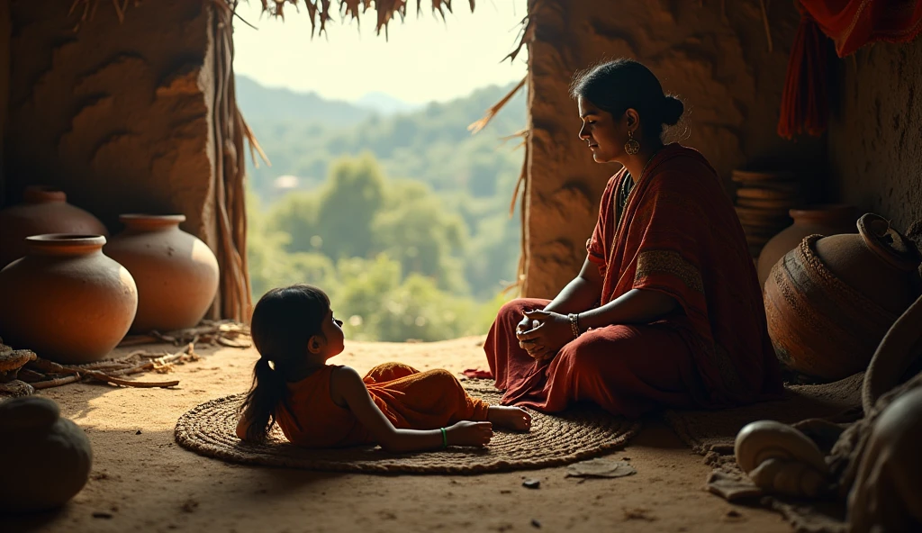 Women feels so sad after seeing her daughter sick, Indian village , 1000 years before