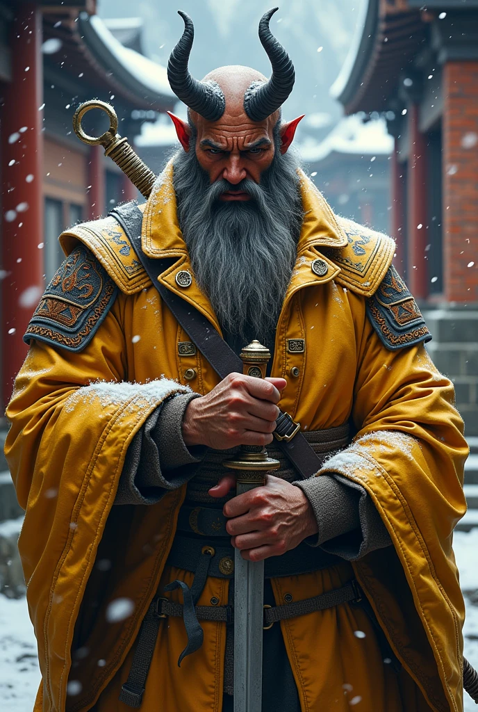 Dynamic combat pose bearded devil oni warrior golden intricate details insanely leather raincoat hooded, armored with a sword in his hand, , close-up portrait, 3D effect ultra-detailed intricate insanely full HD, golden ratio, volumetric modeling, surrounded by temple garden, spotlight embroidery, accents, intense gaze, digital painting cinematic film light, expressive eyes, ultra-realistic, ultra detailed, photorealistic, , , low-angle shot,broken red bricks wall behind with intricate details of the diorama , dramatic angle, extreme angle shot, wide-angle shot, close-up shotTired and cold expression in his face and eyes but inner grin Bearded mountain man snow covered ground, surrounded by frozen peaks, hyperrealist artwork by Iván Pili, photorealistic digital painting, accents, Green wool hat, , lens flare, at the top, , panoramic shot, His eyes have the spark of life, storm of snow at night, beard grey, , adventure, western, wild west, horror, let it snow,