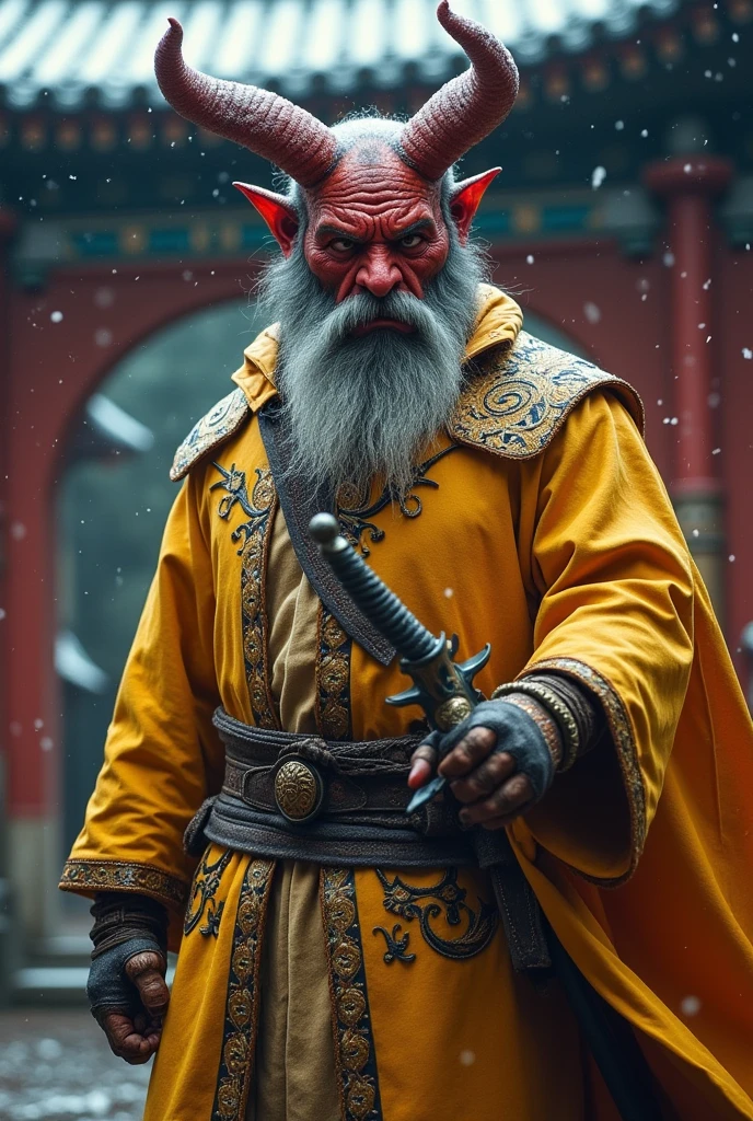 Dynamic combat pose bearded devil oni warrior golden intricate details insanely leather raincoat hooded, armored with a sword in his hand, , close-up portrait, 3D effect ultra-detailed intricate insanely full HD, golden ratio, volumetric modeling, surrounded by temple garden, spotlight embroidery, accents, intense gaze, digital painting cinematic film light, expressive eyes, ultra-realistic, ultra detailed, photorealistic, , , low-angle shot,broken red bricks wall behind with intricate details of the diorama , dramatic angle, extreme angle shot, wide-angle shot, close-up shotTired and cold expression in his face and eyes but inner grin Bearded mountain man snow covered ground, surrounded by frozen peaks, hyperrealist artwork by Iván Pili, photorealistic digital painting, accents, Green wool hat, , lens flare, at the top, , panoramic shot, His eyes have the spark of life, storm of snow at night, beard grey, , adventure, western, wild west, horror, let it snow,