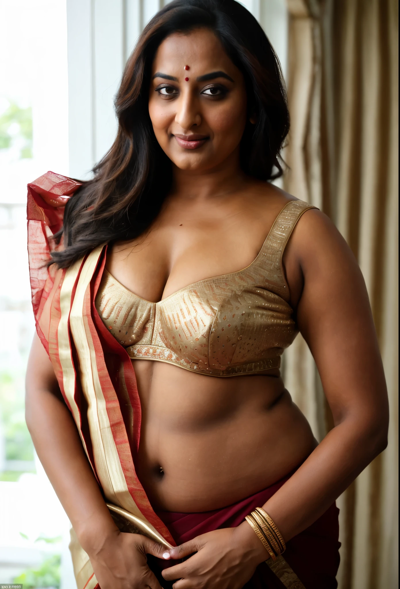 Foto RAW, photorealistic, stunning beauty, photography, full body shot, 60 years old Woman, mascara, eye kajal, juicy figure, master shot, perfect eyes, goddess like beauty, pierced eyes, perfect thick chubby mallu Desi aunty bhabhi, Wearing a Stanapatta, a chest-band.Saree model, model Photography, Indian saree shoot, Indian traditional wear advertising photography, traditional wear brand shoot, face of Indian actress Sonakshi Sinha, masterpiece, realistic, realism, incredible details,  pleasure, photorealism, detailed skin, skin pores, high contrast, photorealistic Artstation 8k HD digital art trend of high definition and detailed realistic skin texture, ultra detail, realistic skin texture, armature, best quality, ultra high definition, (photorealistic:1.4),, high resolution, detail, raw photo, sweat, Re sharp, by Lee Jefferies Nikon D850 Film Stock Photo 4 Kodak Portra 400 Camera F1.6 Lens Rich Color Ultra Real Realistic Realistic Textures Dramatic Lighting Unreal Engine Trending at Art Station Cinestill 800,(pele altamente detalhada: 1.2), 8k UHD, DSLR, soft-lighting, alta qualidade, grain of film, Fujifilm XT3,she didn't like to wear blouse or bra, she is happy to wear only saree, she hates blouse or bra, highly detailed hairy armpits, hyper realistic skin, skin pores, sweat, veins, stubble armpits, erotic temptation, appealing figure, appealing body language, fleshy arms, horny desi indian mommy, she wants to dominate young boys by showing her tempting figure, irresistibly hot, armpits hair clearly visible, freckles 0.2, stretchmarks 0.2, Sexy mature woman's with slightly wrinkled skin, hyper real skin texture, subtly detailed, astounding details, veins in the body, detailed rough mature skin, mole on breast, Indian ethnicity, 