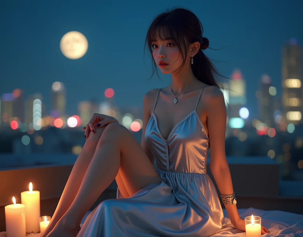 (32K:1.9, Highest quality, masterpiece, Ultra-high resolution), Professional camera work:1.6, Very detailedな肌と顔の質感:1.3, attractive肖像画:1.3, Very accurate, Very detailed, 1 adult Japanese female, ((Amazing night view from the rooftop, The moonlight at night illuminates my body)), (satin silver nightgown:0.5), Incredibly slim body, Fair skin, elegant, Expressions of sadness, (Big eyes that exude beautiful eroticism:0.8, Sad expression:1.0, I love you with all my heart:0.8, Open your mouth a little, lipstick, Feel the beautiful eroticism:0.8), (Wet dark brown medium length hair), Candles, Mid-chest, Earrings, necklace, bracelet, Sensual sitting position, (romantic, dramatic, mysterious), Object of admiration, format, artistic, Innovative, attractive, Stimulate the, Extreme, Tilt, ((Adult charm, Feminine charm, Hair blowing in the wind))