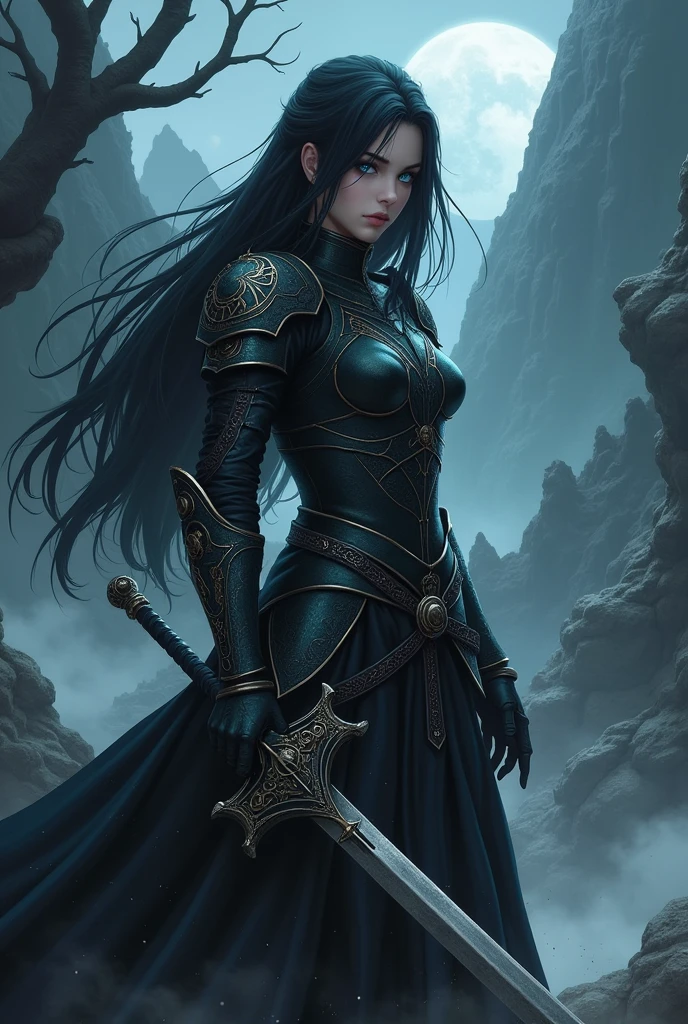 Anime style warrior woman, Berserk golden age, pale skin, long black layered hair and blue eyes. Dark fantasy.