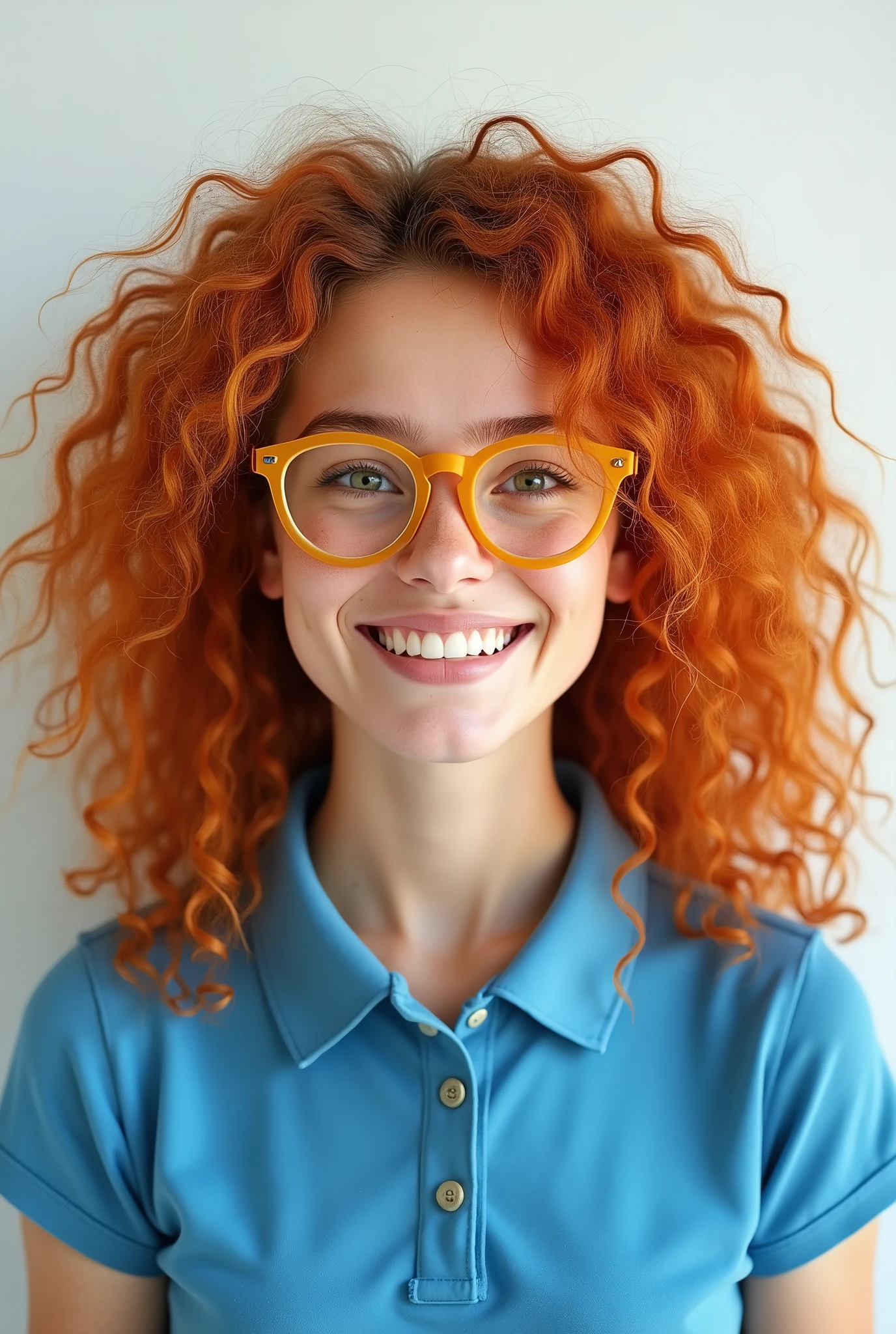 photorealistic, half-length portrait, a fashion smiling young woman, green eyes, red curly hair, freckles. wearing yellow round glasses, blue polo shirt, white background, high resolution, intricate details, 8k