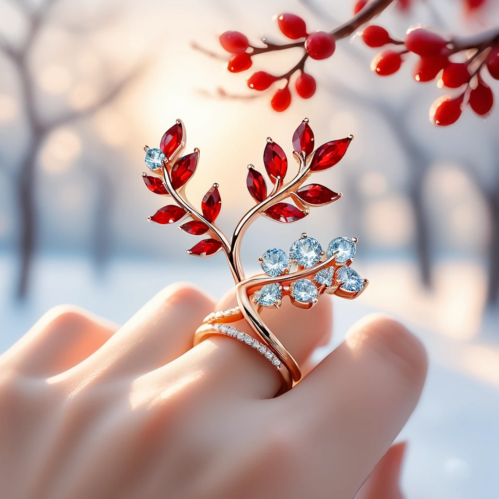 一个张开的手部close up,The red branch ring is worn on the ring finger,Shiny,Enamel material,Ice crystal texture,Cool,Clean background,close up,blur background/Bokeh,
