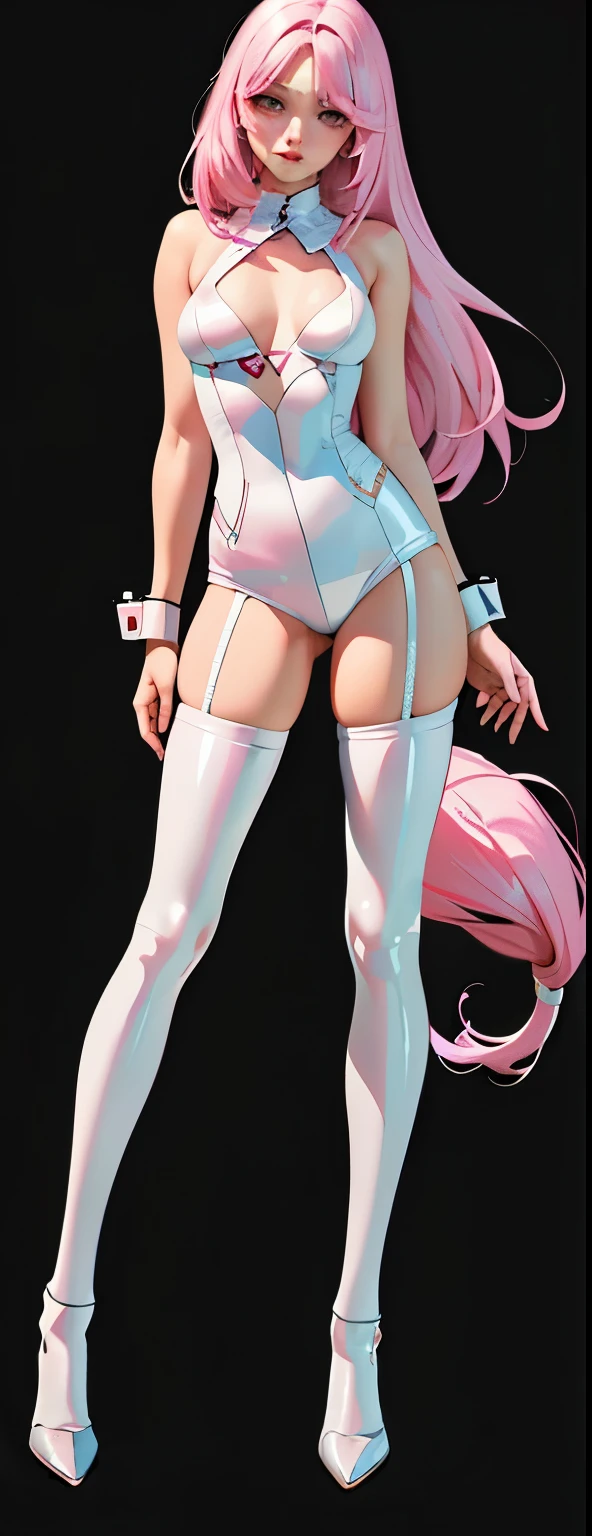 (tmasterpiece),(best qualtiy),(ultra - detailed),(full bodyesbian:1.3),simplebackground,1 rapariga,tchibi,adolable,Pink Long Hair,deep v big breasts,chest,White latex tights,cleanness,Bare arms,show legs,