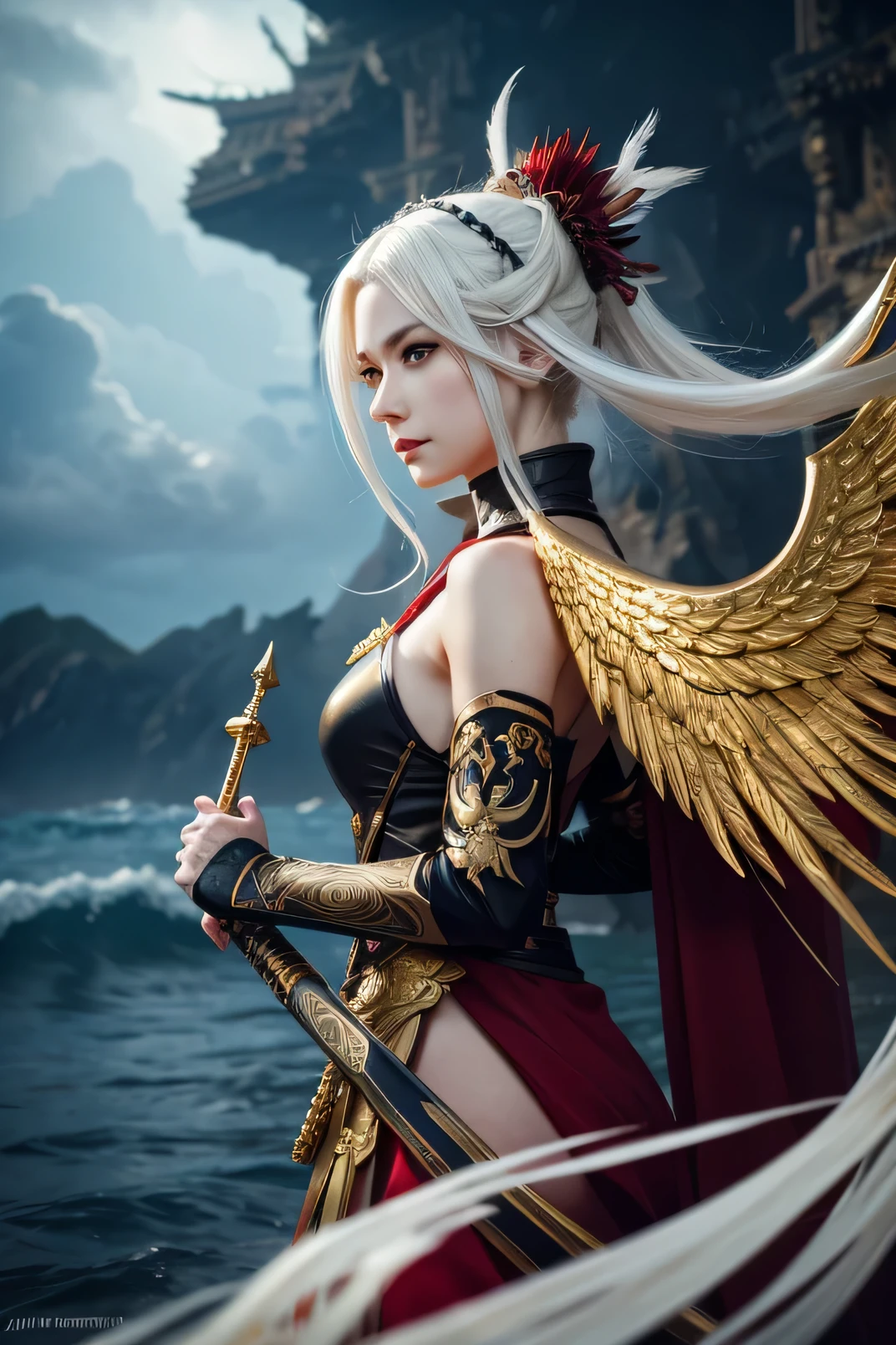 from the side, A woman in costume with a sword is flying, seni detail Onmyoji, g liulian art style, from Arknights, trending on artstation pixiv, By J, cushart krenz feminine key art, guweiz on artstation pixiv, rossdraws sakimimichan, Onmyoji, prompt:fantasy character with white hair, slightly messy, pale skin, striking red eyes, intricate patterns like golden tendrils, large red and gold wings, very detail, elegant, but fierce, background in the ocean, and stormy cloudy sky