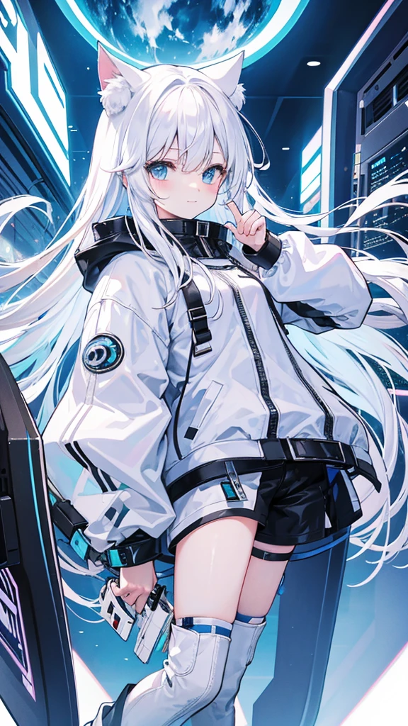 Aerial Magnificent sky is flying in the sky Long white hair Cat ear smile cute Techno boots Wearing a techno jacket oversized white-based, information-rich jacket cool