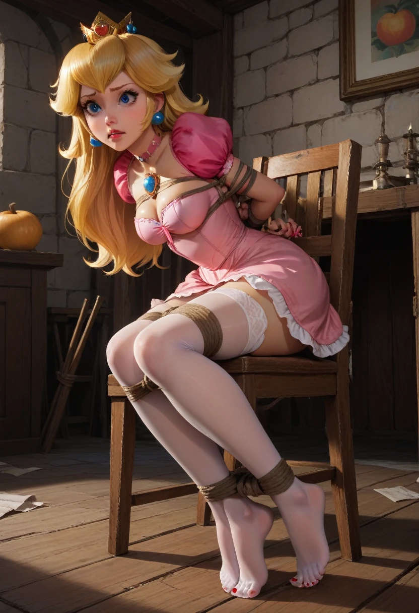 princess peach, yellow hair, corona, sad, pink dress, torn dress, in a dungeon,sexy white panty, white thigh high stockings, (((5 toes, red toe nails, tied ankles together, tied arms, sit on a chair, Focus full body, with no shoes,)))