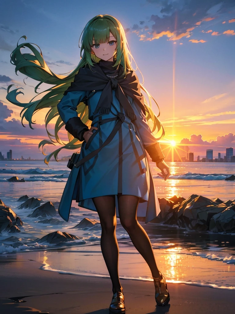 Empty City, A town above the clouds, Sky City,Black Eye,green hair, wearing a duffle coat, Falling from the sky, Watching the beautiful sunset, sundownに, sundown, As the sun sets, in the sunset, Nice views, Sunset view, With the sunset, sundownに, During Golden Hour, looking sundownに, Sunset in the background, Watching the sunset, Get noticed, Holding_gun, assault_rifle, Stylish Gunfighter Girl, スチームパンクの長gun身ピストルを持っている. Skillfully expressing the effects of light and shadow,