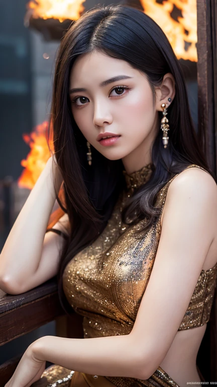 best quality,masterpiece,Ultra-high resolution,(photoactual:1.4)1 girl,fair_Face,Delicate skin,whole body,yuhuoshu,jewelry,alone,earrings,(fire:1.3),Vague,actual,Lips,