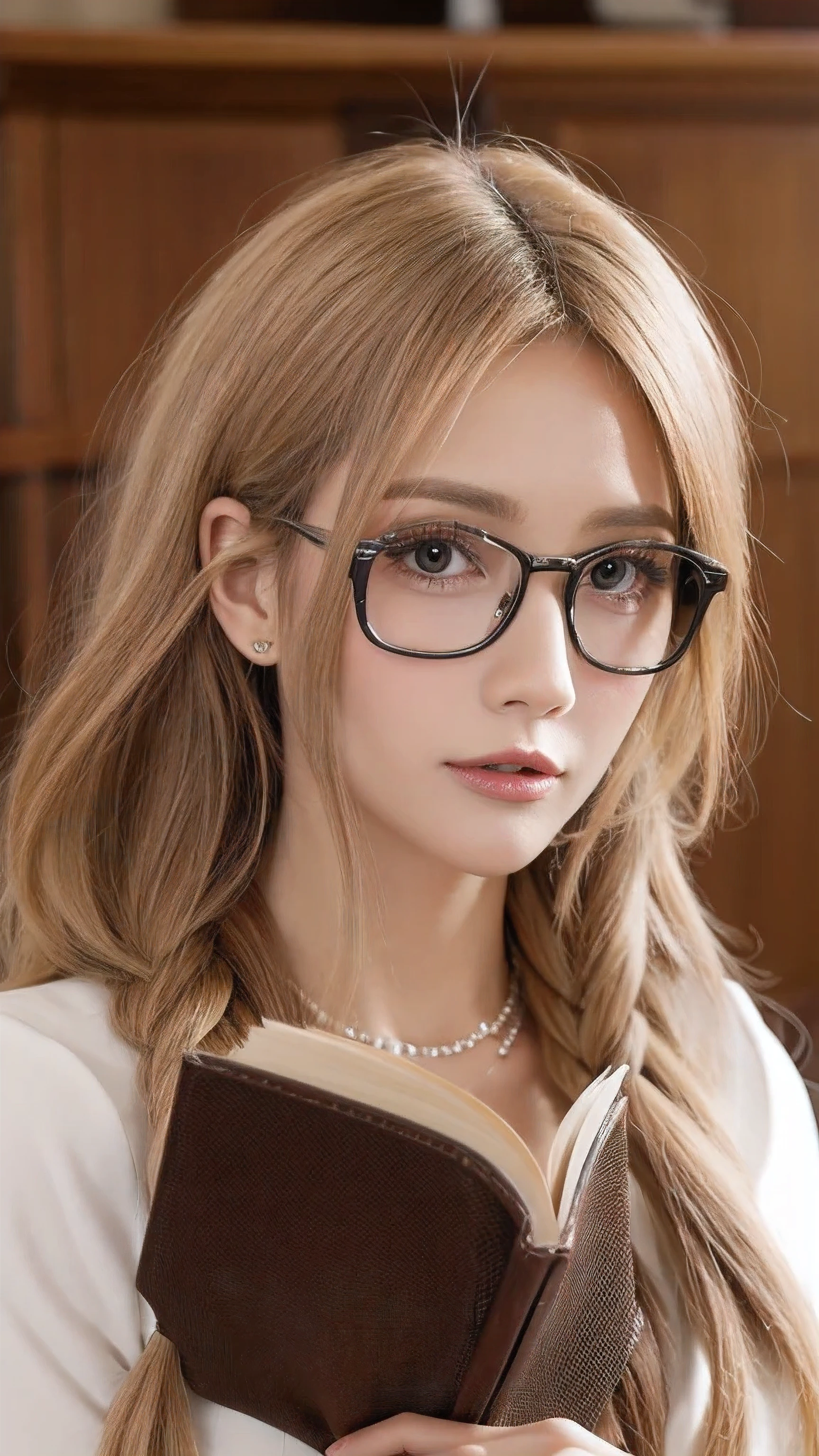 ((Highest quality)), ((Master Parts)), (be familiar with), Perfect Face, Anime, blonde, Glasses, Reading a book, Sipping coffee, Braided low cut blouse,