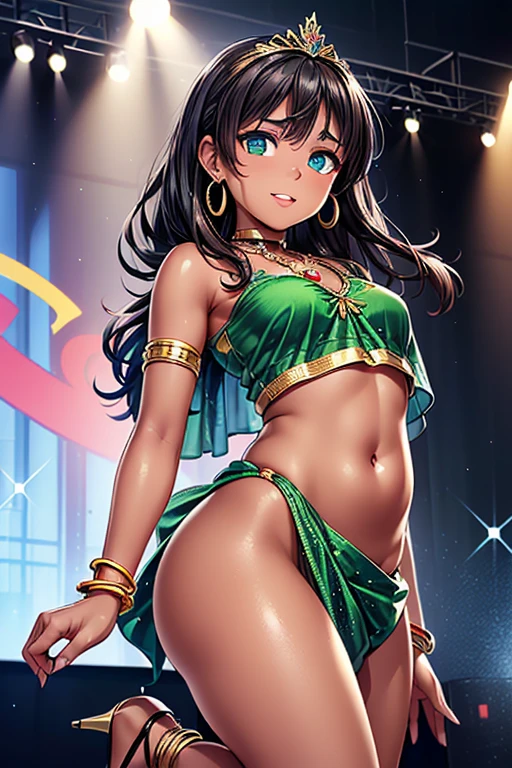 #Basic
A girl posing for a photo, (((One Girl))), (((Baby Face:1.4)) + ((cute:1.4)) + (())),
break
#Clothing Accessories
((adorned with jewels(green)Sari:1.6) + (A long, drooping waist) + (透け感のある金の装飾が施されたgreenのエルボーグローブ) + (Glossy black high heels) + (Gold Tiara + (Red gem anklet)),
((Gold Fancy Bracelet, Gold Hoop Earrings, Fancy Gold Necklace)), ((Black choker)),
break
#Features
((Black Hair:1.2)) + ((Center-parted bangs + Bangs that expose the forehead)) + ((very long transverse hair)) + ((ponytail : Long Hair + Curly hair + Curly Hair + Voluminous Hair + gold ring at the wrist)),
((Droopy eyes:1.4, Big eyes:1.2), blue eyes), (Small breasts:1.2), (中立的な顔のFeatures), (Tanned dark skin:1.4),
break
#background environment
((Dance stage illuminated by spotlights:1.4)),
#Facial Expression Pose
((Wicked Smile)), ((Showcasing dynamic and captivating dance moves)),
#composition
((Angle from the front:1.2, Cowboy Shot)),
break
#Body parts elements
(Slim figure),
(Symmetrical facial features),
(Detailed Hair, Beautiful Hair, Shiny Hair),
(double eyelid, Long eyelashes, Thin eyebrows:0.5, Thin eyebrows:0.5),
(Expression of fine eyes, Beautiful and delicate eyes, Sparkling eyes, Eye Reflexes, Glitter Eyeliner),
(Human Ear),
(Beautiful Nose, Thin Nose),
(Glossy Lips, Beautiful Lips, Thick lips),
(Detailed skin, Textured skin, Beautiful Skin, Oily skin),
break
#quality
(((最高quality)), ((masterpiece:1.3)), ((Very detailed))), ((Ultra-high resolution)), ((16K)), ((1080P)), ((Full HD)),
((Anatomically correct)), ((Realistic)), (3DCG), ((Oil painting)),
((comics, anime)), (CG illustration), (RAW Photos),