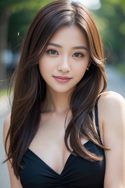 Tabletop、Highest quality、Real、Super detailed、finely、High resolution、8K Wallpaper、One beautiful woman、、Light brown messy hair、Wearing a black long dress、Sharp focus、Perfect dynamic composition、Beautifully detailed eyes、Thin Hair、詳細なRealな肌の質感、smile、Close-up portrait、Model's body type