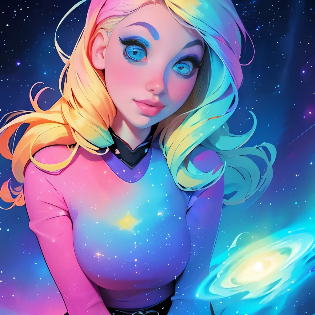 blond woman with blue eyes and a colorful dress posing for a picture, blonde girl in a cosmic dress, “ femme on a galactic shore, young beautiful amouranth, cosmic and colorful, her face looks like an orchid, aurora colored hair, colorful rave makeup, she looks like a mix of grimes, “uwu the prismatic person, cosmic girl, acid pixie
